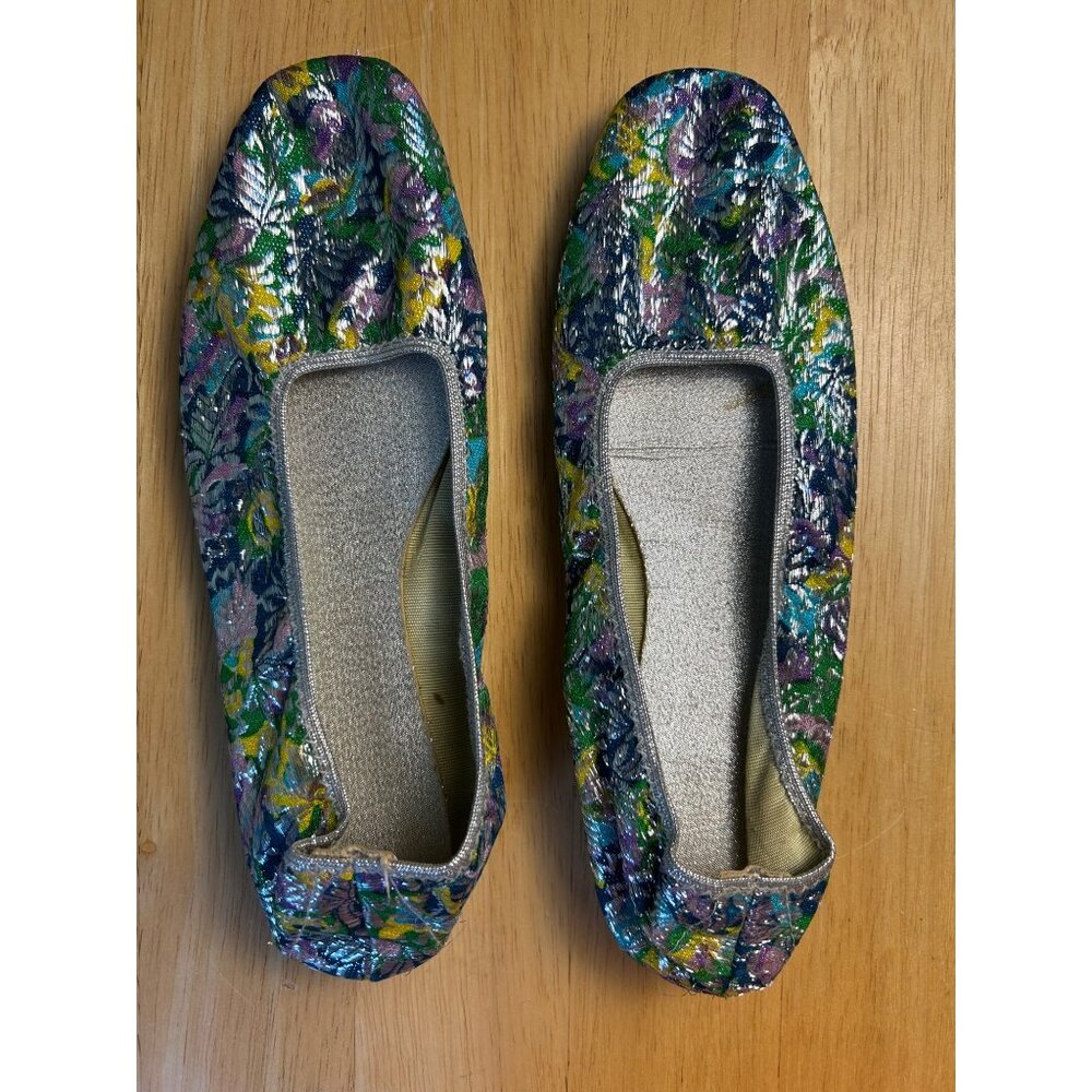 VTG Bertlyn New York Flats Metallic Floral Brocade 6 - 6.5 USA Sparkly Old Money